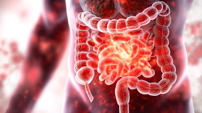 Medical illustration of ulcerative colitis disease, human large intestine anatomical diagram showing inflamed colon mucosa, digestive system inflammatory bowel disorder, gastrointestinal inflammation 