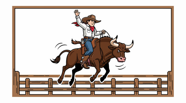 cowboy riding bull over fence