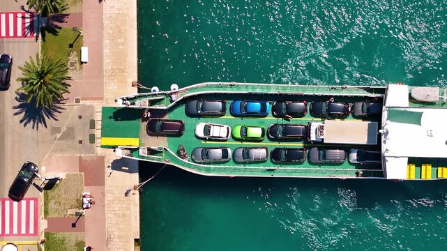 Cars loading onto a ferry at the harbor adjacent to the beach on a sunny day