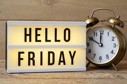 Hello Friday lightbox sign with vintage alarm clock showing five minutes to twelve