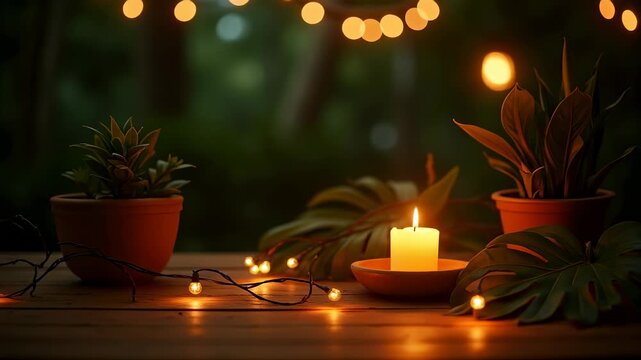 Summer night outdoor mockup with glowing string lights, tropical leaves and candle on wooden table, bokeh dark warm background