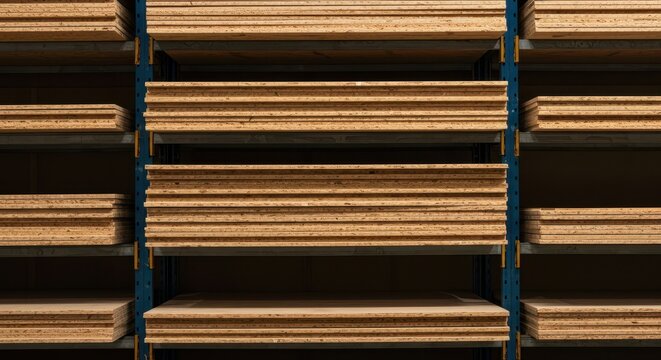 Organized stacks of dimensional structural plywood sheets resting on heavy duty industrial warehouse shelving ready for construction projects, inventory, woodworking, timber