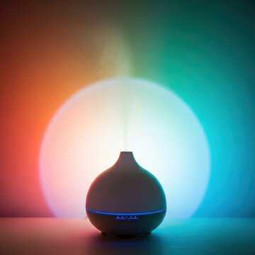 The electric diffuser releases aromatic mist into a calm, therapeutic space, promoting deep relaxation and natural wellness, wellness, tranquil, delicate