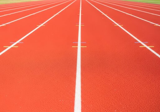 Vibrant red synthetic running track surface showing distinct white lane markings stretching into the distance ready for intense athletic competition, outdoor, texture, championship