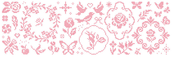 Embroidered cross-stitch element asset pack. Hand drawn retro hatch butterflies, roses, frame, bow, flower and shape. Vector isolated shape © gorozhinak