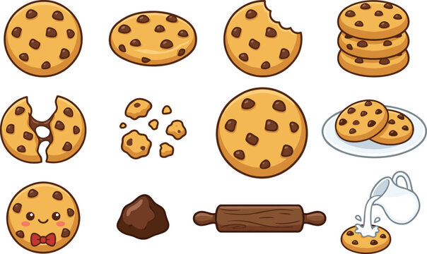 Chocolate chip cookie vector collection featuring whole bitten broken stacked cookies baking ingredients and sweet dessert illustrations