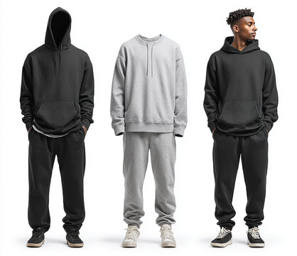 young man standing in grey sweatsuit for model photo shoot clothing template mock, ai generated