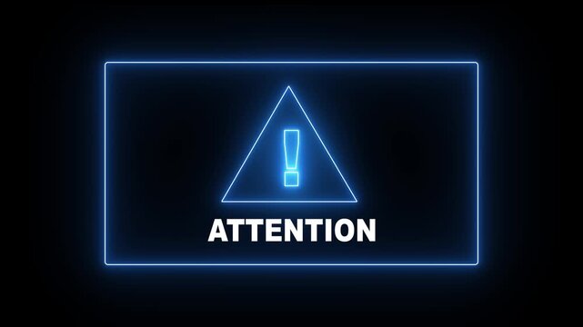 Neon word Attention. Symbol on Map Dark Purple Background. Security protection Malware Hack Attack Data Breach Concept.System hacked error, Attacker alert sign computer virus.Hacking.Ransomware.