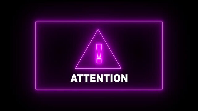 Neon word Attention. Symbol on Map Dark Purple Background. Security protection Malware Hack Attack Data Breach Concept.System hacked error, Attacker alert sign computer virus.Hacking.Ransomware.