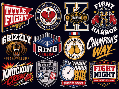A collection of vintage-style boxing and fight club emblems, badges, and logos featuring various sports and championship themes.