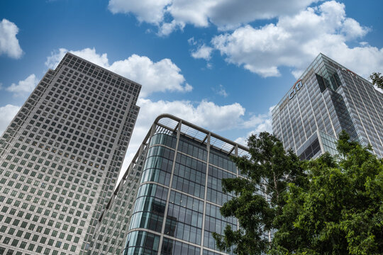 Low angle view of corporate office towers in Canary Wharf. London, UK, 1 July 2023