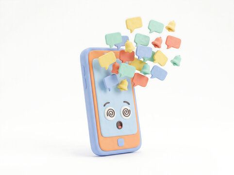 Overwhelmed 3D smartphone character bombarded by a vibrant cascade of digital notifications, symbolizing information overload and constant online alerts
