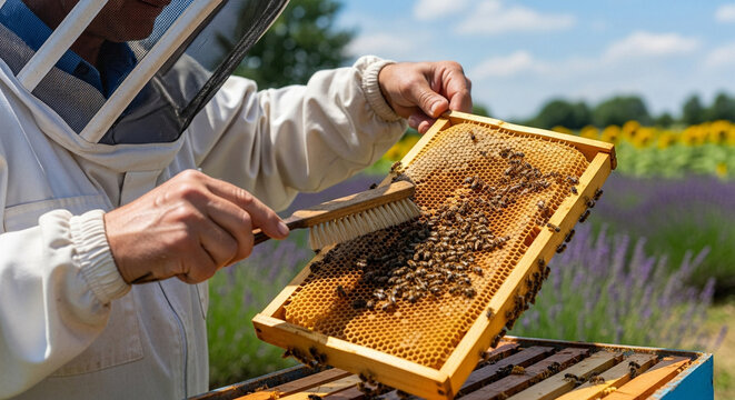 beekeeper inspecting honeycomb frame closely.