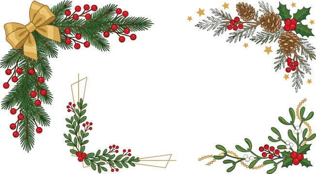 Christmas botanical corner frame vector collection featuring holly pine branches berries pinecones festive borders and elegant holiday decorations