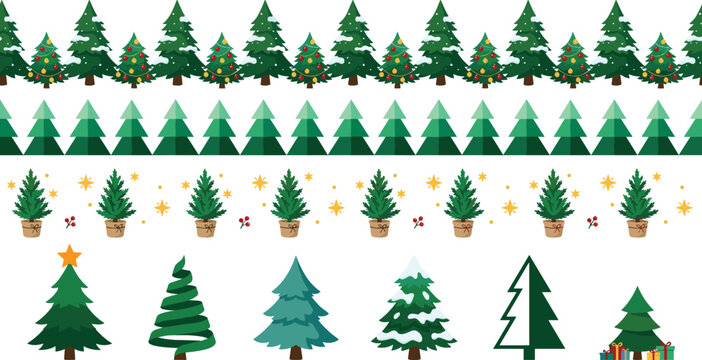 Christmas tree vector collection featuring festive evergreen borders minimalist pine decorations winter holiday elements and seasonal forest illustrations