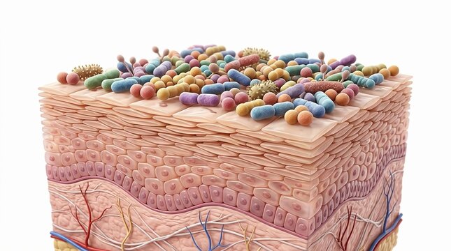 Cross section of human skin layers with surface microbiome