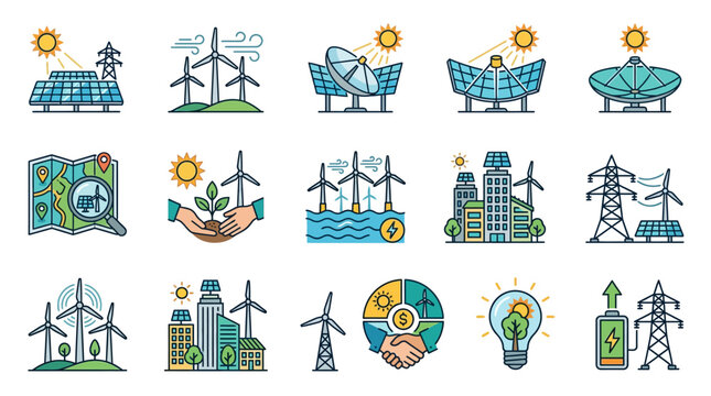 Industrial of Renewable Energy Sources and Sustainable Development Concepts with Colorful Icons