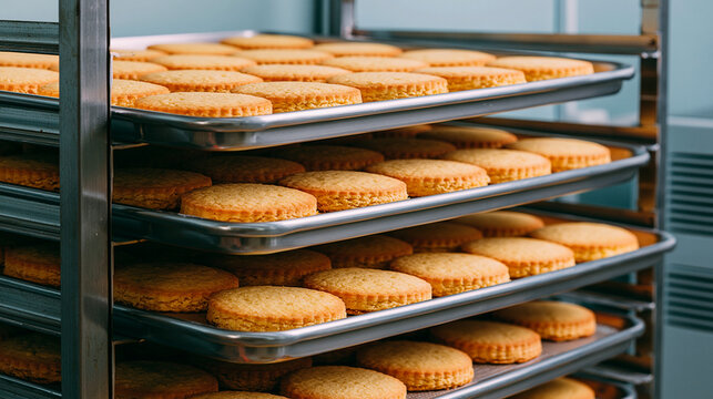 Rows of freshly baked golden cookies cooling on metal racks tray inside a bakery factory kitchen.