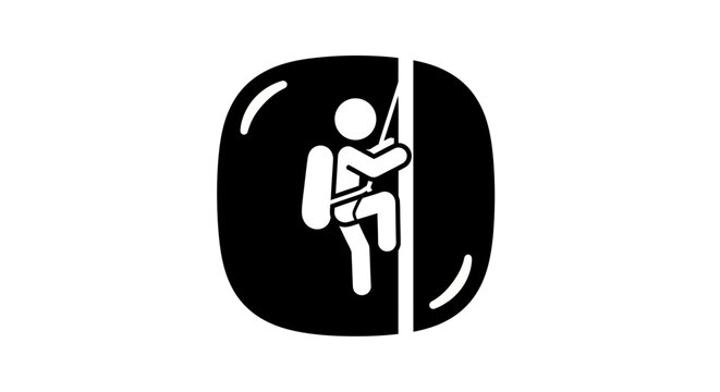 Stick figure climber rappelling down a wall, minimalist icon, black and white silhouette