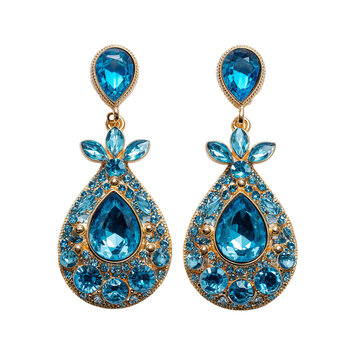 Elegant gold earrings, adorned with brilliant blue gemstone drops and surrounding smaller stones, on black