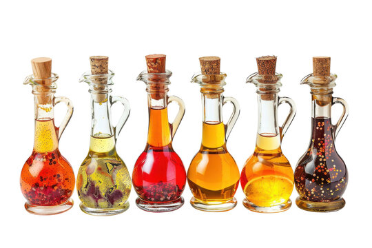 Six elegant glass cruets filled with various colorful infused oils and spices arranged in a straight line for professional culinary food photography on white background