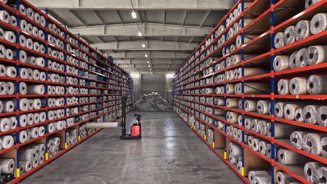Yarn bobbins are stored on high shelves inside a textile warehouse with forklift operation. This video frame shows stock management, raw material storage, logistics, and industrial warehouse layout.