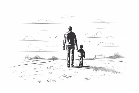 Man and boy walking together, holding hands, symbolizing family, mentorship, and guidance