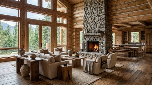 Luxurious Rustic Log Cabin Living Room with Large Stone Fireplace and Scenic Mountain Forest View
