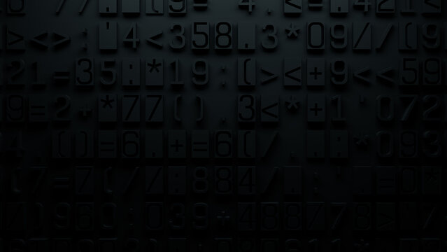 Textured Dark Surface with Randomly Embossed Mathematical and Programming Symbols in Varied Shades of Gray for Digital Education, Data Science, and Graphic Design Backgrounds