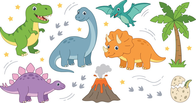 Cute dinosaur vector collection featuring T rex triceratops stegosaurus brachiosaurus pterodactyl volcano and prehistoric cartoon illustrations