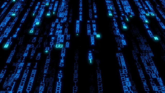 Chaotic Arrangement of Bright Blue Binary Code Lines on Black Background - Abstract Digital Data Pattern for Cybersecurity, Technology, and Data Visualization Applications