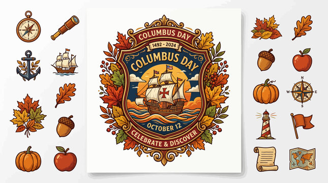 columbus day autumn stickers with ship, leaves and fruits