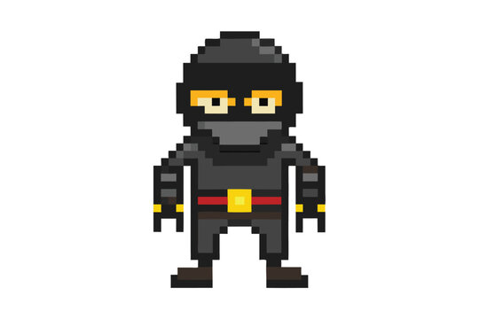 Retro Pixel Art Robber Silhouette, Digital Espionage and Data Security Concept