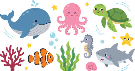 Cute ocean animals vector collection featuring whale octopus turtle shark clownfish seahorse starfish and underwater marine life illustrations © Shabita
