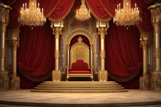 Golden ornate throne on a stage with red velvet curtains and chandeliers, symbolizing power and luxury