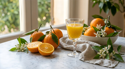 Fototapeta premium Crystal glass filled with fresh orange juice served next to ripe citrus fruits and fragrant white blossoms on marble table