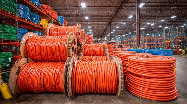 Massive Spools of Orange Copper Wire Stored in a Well-Organized Industrial Warehouse