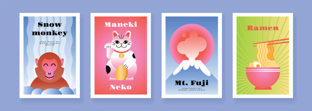 Japan travel set of minimal gradient posters, snow monkey, maneki-neko, Mt Fuji and ramen with chopsticks, graphic clip art collection for poster, banner, web banner, invitation