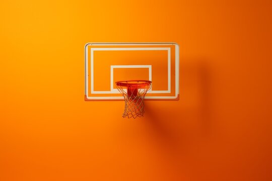 Basketball backboard and hoop against a textured orange wall with natural shadows