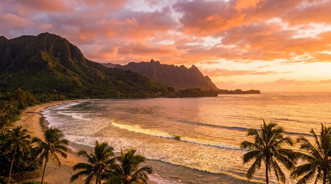 A stunning tropical beach at sunset featuring golden waves, lush green mountains, swaying palm trees, and a dramatic orange and pink sky. The peaceful coastline and warm evening light create a breatht