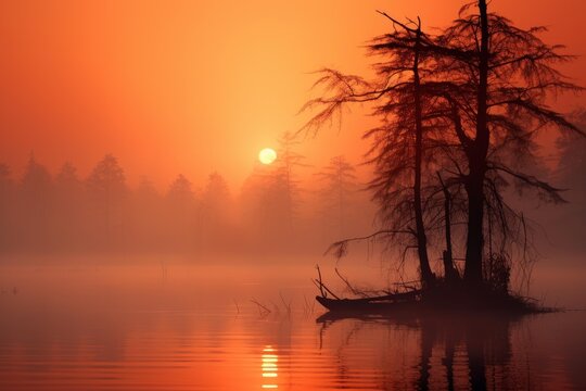 Foggy lake landscape at dawn with bare trees reflecting golden light