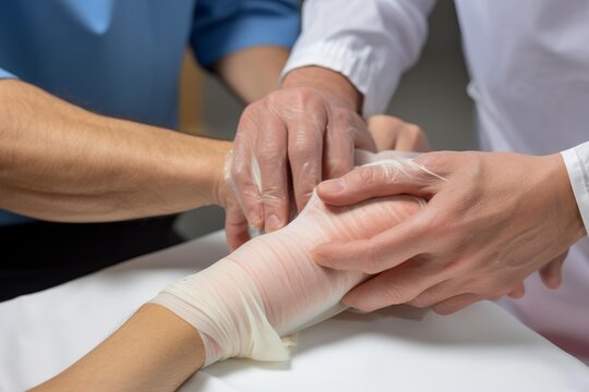 Medical professional hands applying a bandage to a patient's injured wrist
