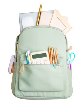 School backpack with various stationery on transparent background