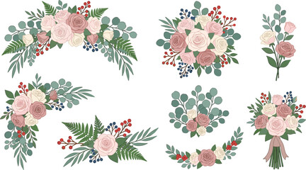 Elegant blush floral bouquet vector collection featuring roses eucalyptus berries botanical arrangements wedding flowers and romantic decorative illustrations © Shabita