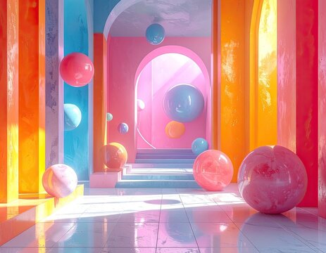 Surreal pastel arcade with floating spheres and prismatic light