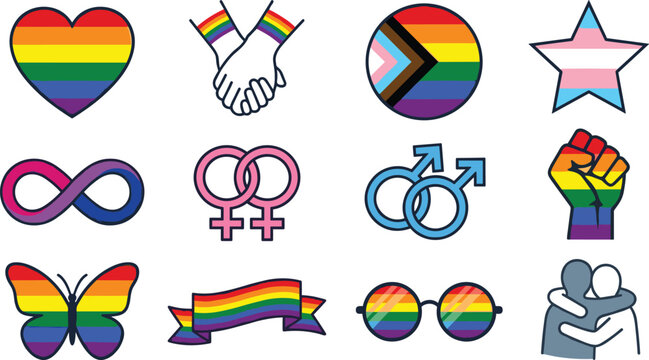 LGBTQ pride symbol vector collection featuring rainbow flags inclusive identity icons equality support and diversity awareness illustrations