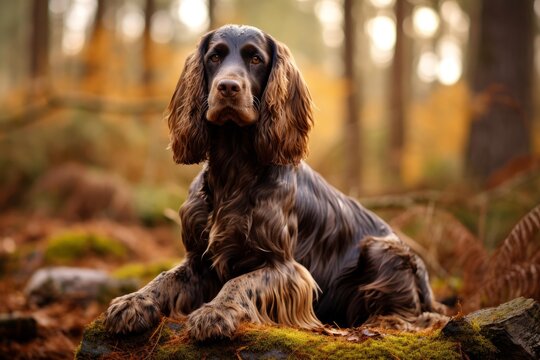 Brown cocker spaniel lying on mossy ground in a peaceful forest setting