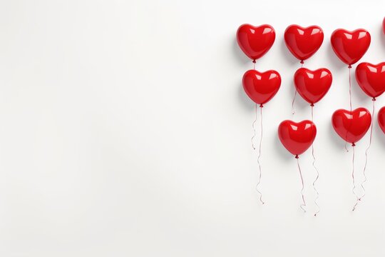 Red heart balloons adorning a bright white background, symbolizing love and celebration