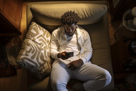 Young man using a smartphone while relaxing on a couch at night
