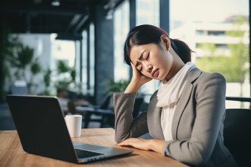 Fototapeta premium Young woman experiencing stress and exhaustion while working on a laptop in a modern office
